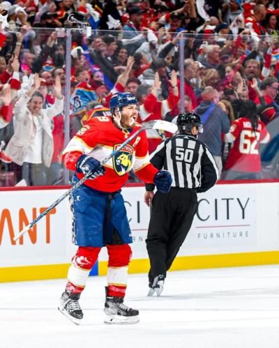 Matthew Tkachuk And Teammates Celebrate Hard-Fought Ice Hockey Win