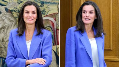 Queen Letizia’s electric blue trouser suit and comfy white trainers are a failsafe smart-casual look for any occasion