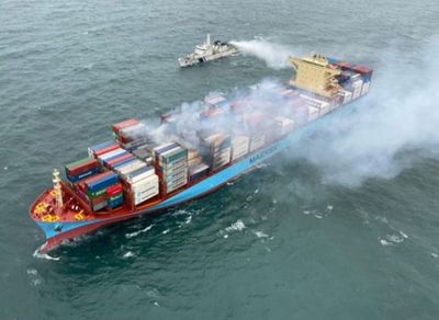 Indian Coast Guard continues firefighting ops on merchant vessel Maersk Frankfurt off Karwar coast