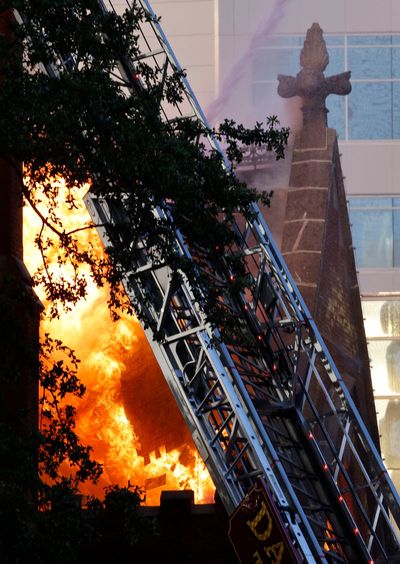 A fire severely damages the historic First Baptist Dallas church sanctuary