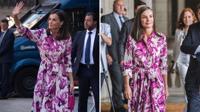 Queen Letizia is magnificent in magenta printed dress with matching bag and we're never been more convinced to ditch neutrals