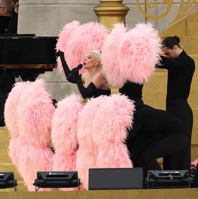 Lady Gaga's Paris Olympics Opening Ceremony Performance Costume Is Coated in Flamingo Pink Feathers