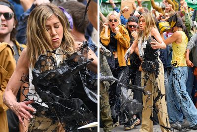 Jennifer Aniston Gets Drenched In Black Oil While Filming “The Morning Show”