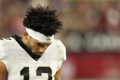 Chris Olave exits Saints training camp practice after awkward landing