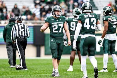 Michigan State football LB Cal Haladay talks to media after first day of fall camp practice