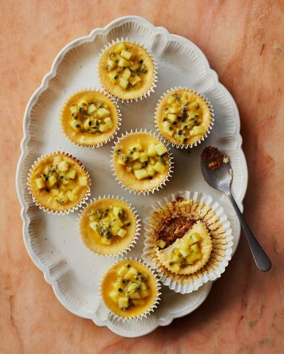 Ravneet Gill’s recipe for passion fruit and white chocolate mini baked cheesecakes