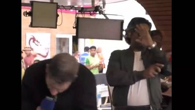 Watch: Sangakkara runs for cover as Kieron Pollard's six heads straight towards commentary box