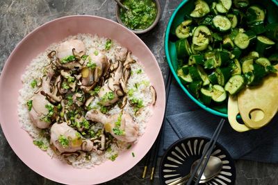 Full steam ahead: Alice Zaslavsky’s chicken drumsticks with spring onion oil and cucumber salad