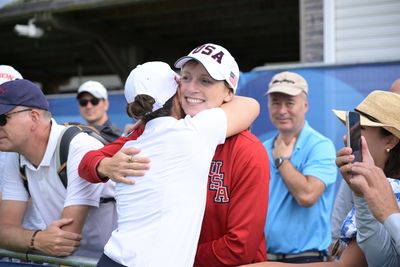 Katie Ledecky surprises Stanford friend Albane Valenzuela at Paris Olympics