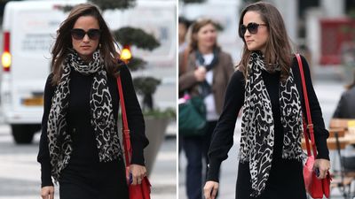 Pippa Middleton’s knitted dress, leopard print scarf and red bag is a striking combination that’s got us dreaming of autumn