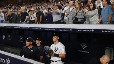 Aaron Judge Celebrates Victory With Roaring Crowd In Background