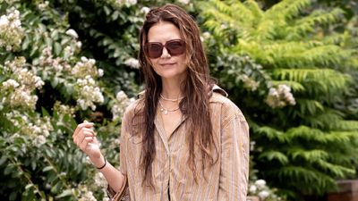 Katie Holmes is the epitome of casual elegance in chunky fisherman sandals, oversized shirt and elevated joggers in New York