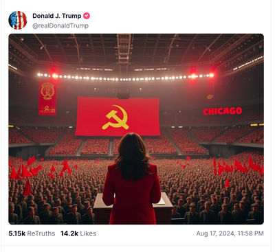 Trump posts AI-generated image of Harris speaking at DNC with communist flags