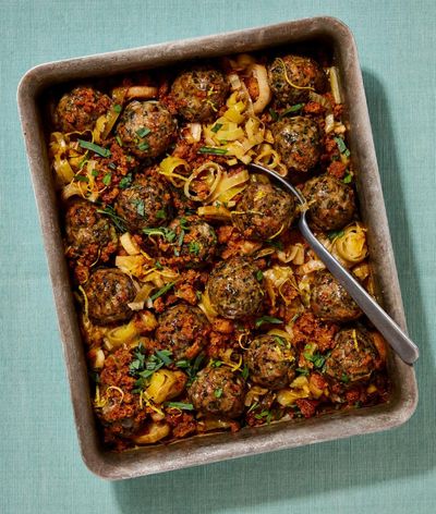 Tamal Ray’s recipe for pork and tarragon meatballs with lemony leeks