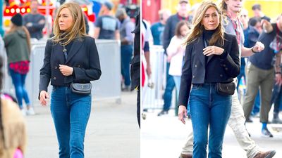 Jennifer Aniston’s failsafe style pairing of bootcut jeans and a cropped blazer is about to become our new autumn uniform