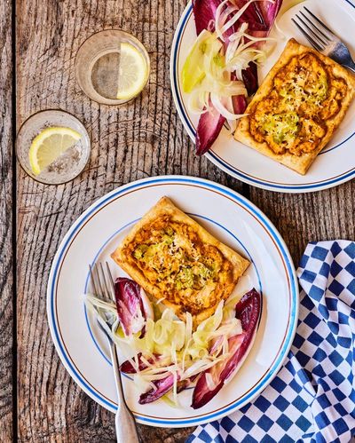 Rukmini Iyer’s quick and easy recipe for crab and leek tarts with chicory salad