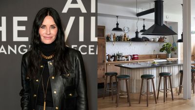 Courteney Cox's Kitchen Uses a "Contrasting" Countertop That Makes Wood Cabinets Look Luxurious