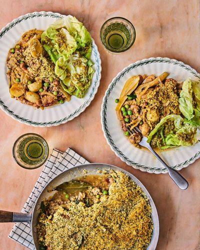 Thomasina Miers’ late-summer sausage and pea cassoulet with a butter leaf salad – recipes