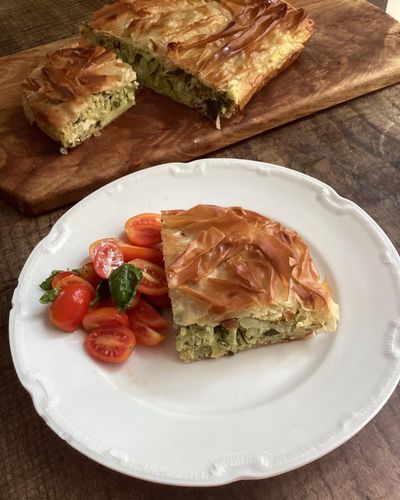 Rachel Roddy’s recipe for courgette, rice and herb filo pie