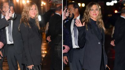 Jennifer Aniston’s sultry satin skirt and chic stiletto boots are a failsafe style pairing for autumn evenings out