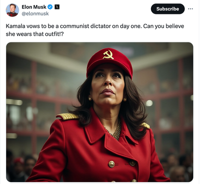 X users play Elon Musk at his own game after he posts AI image of Harris as communist dictator