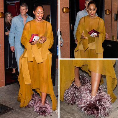 Tracee Ellis Ross just wore the feathery Ferragamo shoes and now I want to wear the feathery Ferragamo shoes