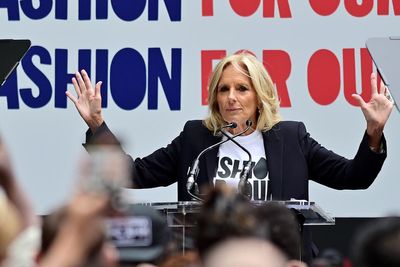 First Lady Jill Biden speaks at the Fashion For Our Future Rally on the first day of New York Fashion Week