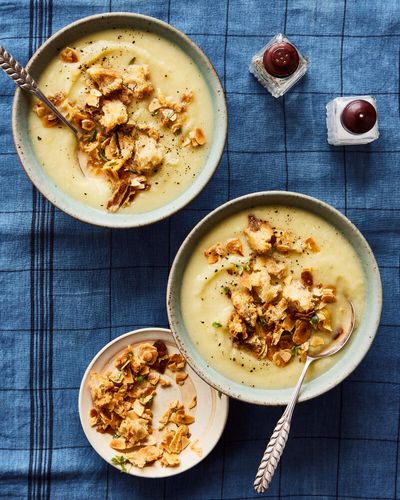 Georgina Hayden’s potato and celeriac soup with almond breadcrumb topping – recipe