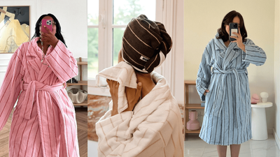 Hommey Just Dropped A Bunch Of Cute Pinstripe Bathrobes, Hair Towels, Bath Sheets & More