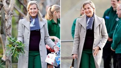 Duchess Sophie’s emerald green wide-leg trousers and longline grey coat outfit was a masterclass in styling jewel tones and neutrals for autumn