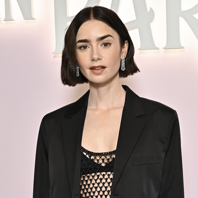 Lily Collins Makes the Exposed Bra Trend Look So Polished Underneath a Mesh Fringe Dress