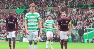 Watch as Hearts' Lawrence Shankland attempts to put off Celtic penalty taker