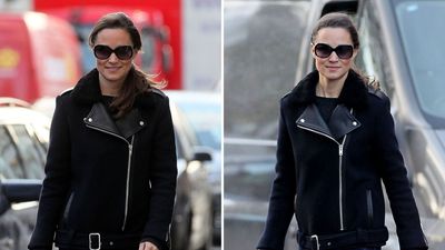 Pippa Middleton took cosy season styling to cool levels with her aviator jacket, skinny jeans and high top trainers