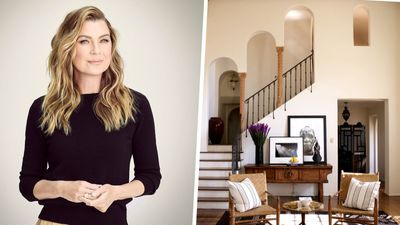 Ellen Pompeo uses wicker furniture, cozy textures, and Spanish revival accessories to create a mini living room in her entryway