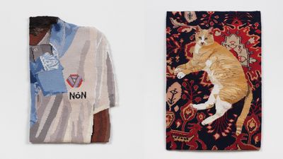 Sportswear logos, intimate portraits and a curled-up cat: Elizabeth Radcliffe’s beguiling tapestries go on show in New York