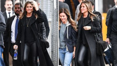 Jennifer Aniston pairs leather pants with chunky lace-up shoes - the ideal combination for fall styling