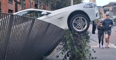 'Canny park there mate': Shocking pictures show car on top of fence