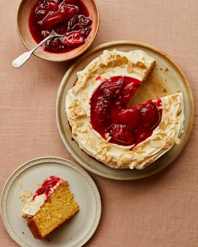 Ravneet Gill’s recipe for orange, almond and olive oil cake with plum compote