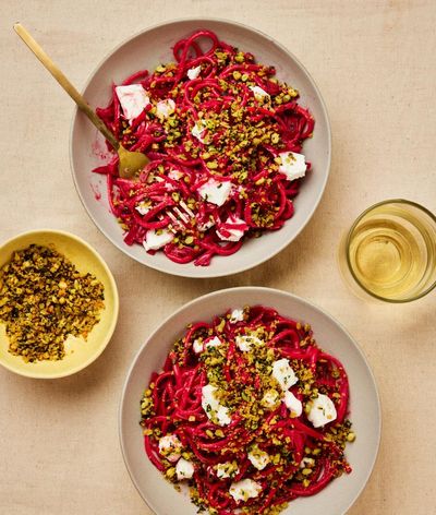 Rukmini Iyer’s recipe for quick and easy pink linguine with pine nut pangrattato and goat’s cheese