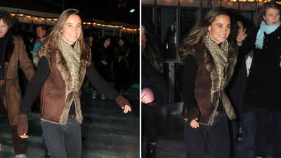 Skating in style, Pippa Middleton’s gilet, black jeans and leopard print scarf are perfect for looking chic on the rink this winter