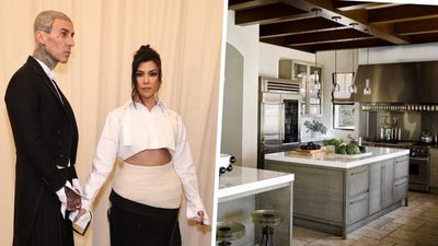 Kourtney Kardashian uses mixed metals for an industrial take on the classic farmhouse kitchen – she makes a commercial material irresistibly cozy