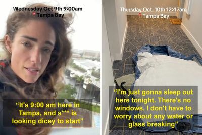 Woman Camps Out In Hallway As Hurricane Milton Seeps Through High-Rise Apartment Windows