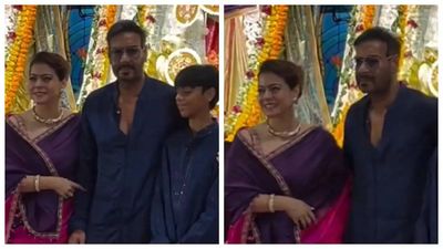Kjol pinches hubby Ajay Devgn while posing for pictures; fans say 'It's a Biwi thing'