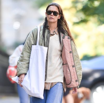 Katie Holmes Perfects Fall Layering in a Reversible Quilted Jacket and Red Velvet Mary Janes