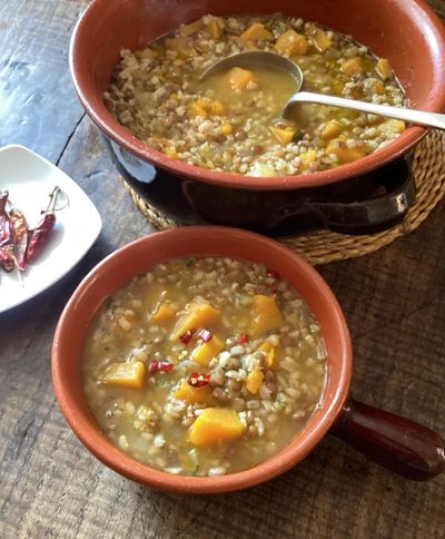 Rachel Roddy’s recipe for pumpkin, lentil and barley soup