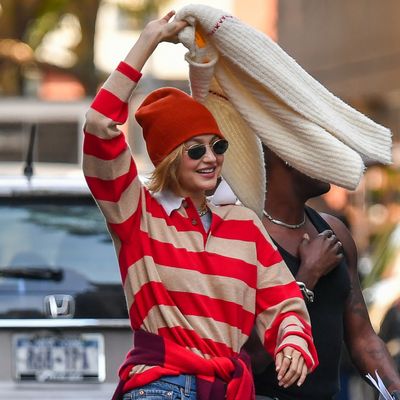 Gigi Hadid Layers Three Fall Sweaters at Once Like a Pattern-Clashing Expert