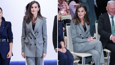 Queen Letizia styles chic Mango trousers with ultra trendy and comfortable loafers as she showcases high street tailoring at its best