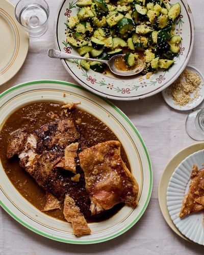 Thomasina Miers’ recipes for slow-cooked pork belly with chipotle and Mexican-style smacked cucumbers