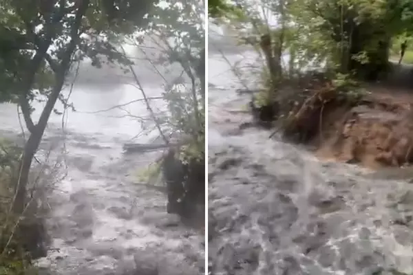 Dramatic video shows collapsed Thames towpath near Kew Gardens as torrent of water rages past