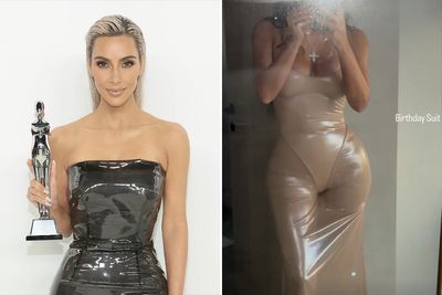 Kim Kardashian Poses In A Daring Latex Bodysuit And See-Through Skirt For Her 44th Birthday